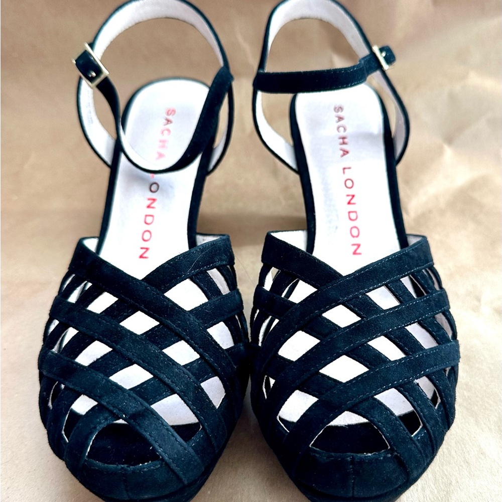 SACHA LONDON -  RARE-Velda Black Kid Suede Cage Toe Retro 40s Sandal  Sz…